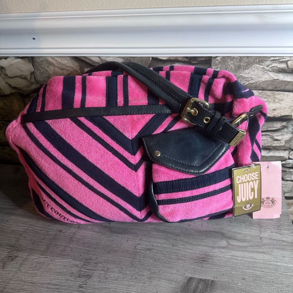 Vintage Y2K Juicy Couture Pink and Black Striped velour bag - Picture 2 of 9